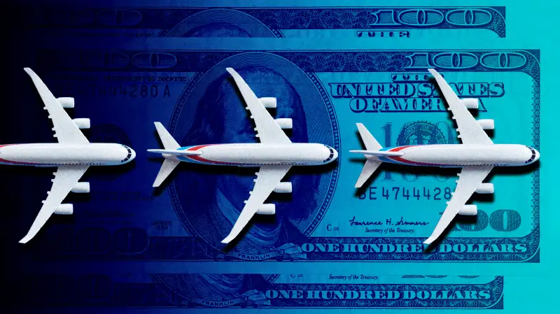 Photo Collage of three airplanes landing on top of multiple hundred dollar bills