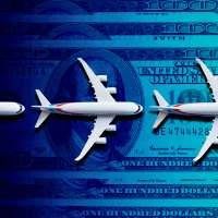 Photo Collage of three airplanes landing on top of multiple hundred dollar bills