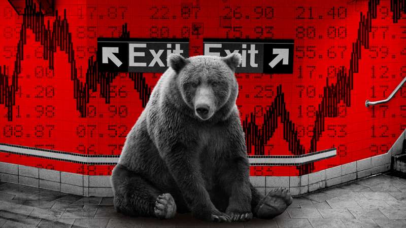 Photo collage of a bear in a New York Subway sitting in-front of an Exit sign with a stock market chart in the background