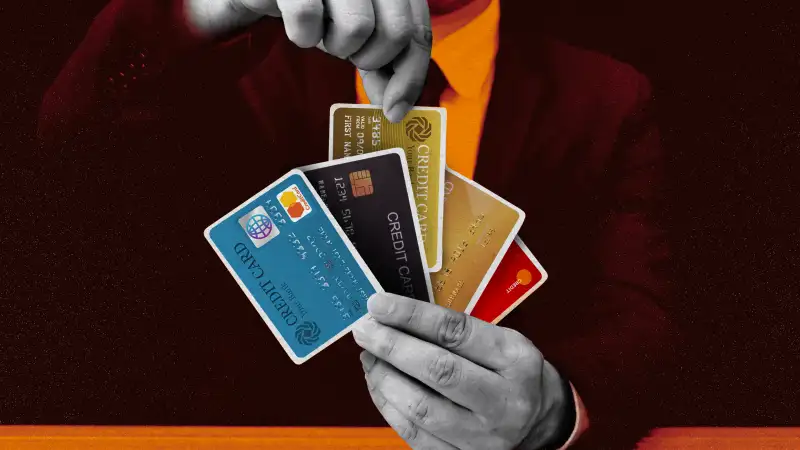 Photo collage of a man with many credit cards in his hand as if they were playing cards