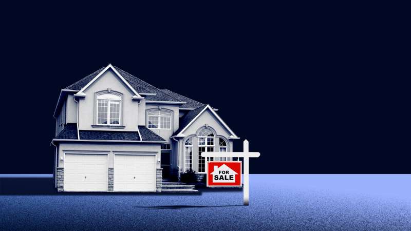 Collage of a house with a for sale sign in an isolated and dark space