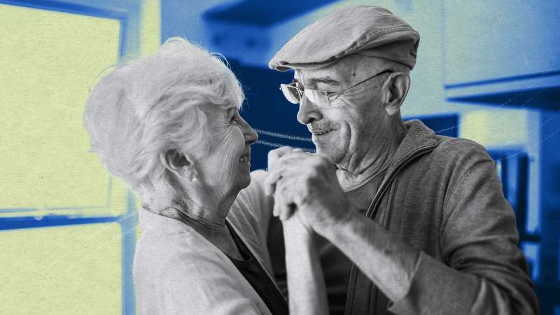 Photo collage illustration of a senior couple dancing