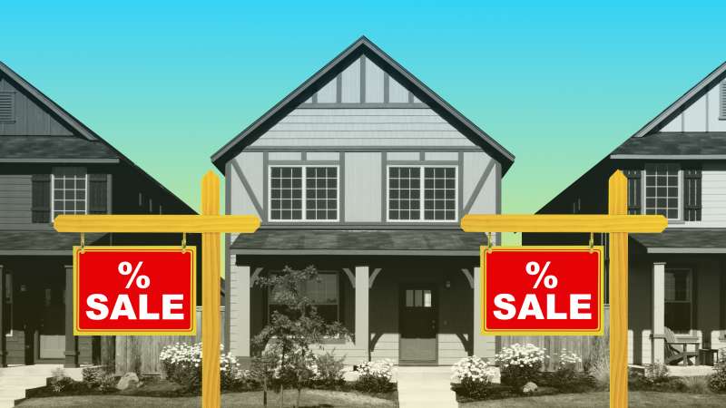 Photo collage of a row of homes with a Sale Sign In-front