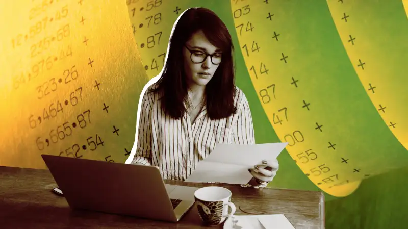 Photo collage of a woman looking over bills and a large receipt in the background