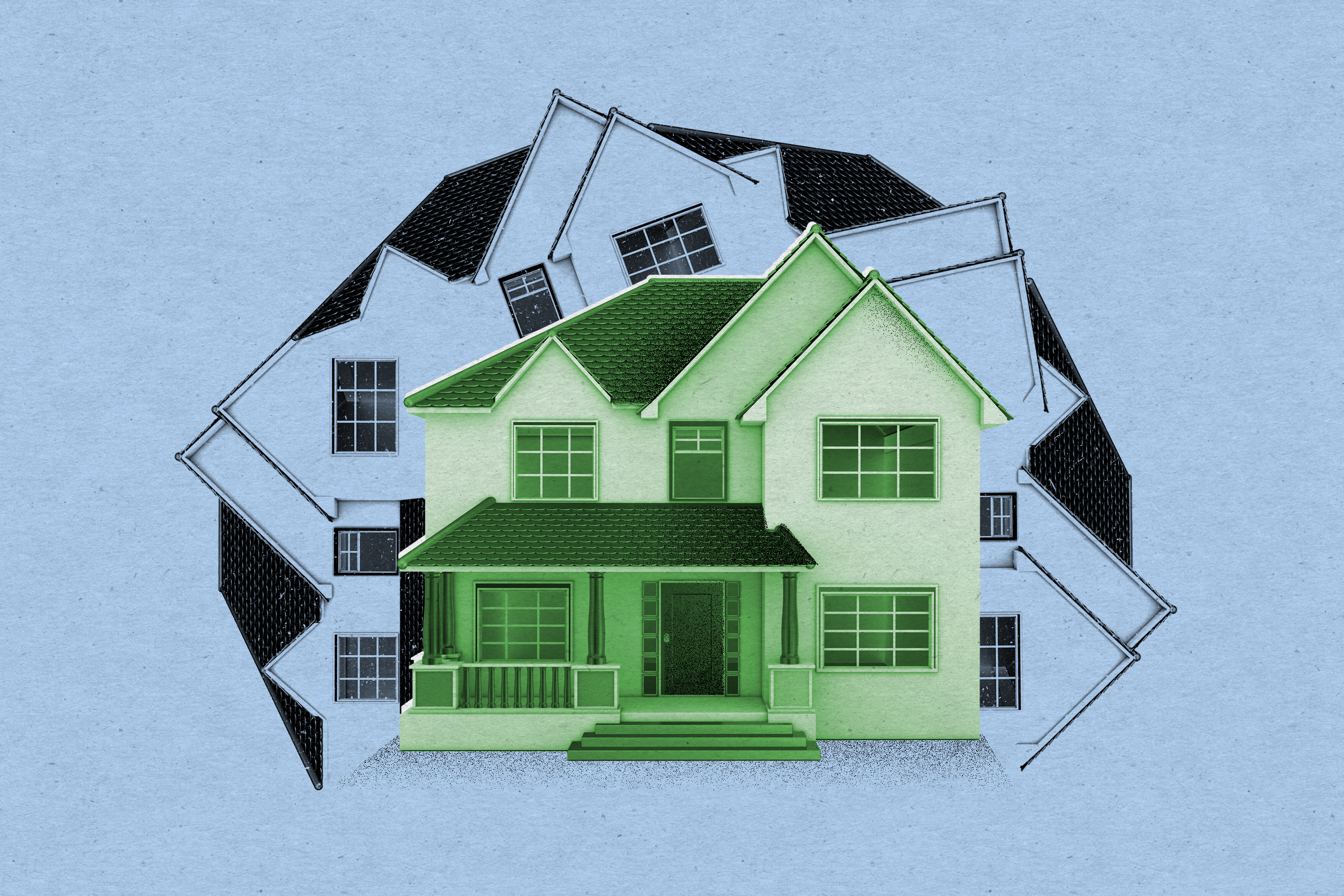 Photo illustration of a house correcting itself in many positions