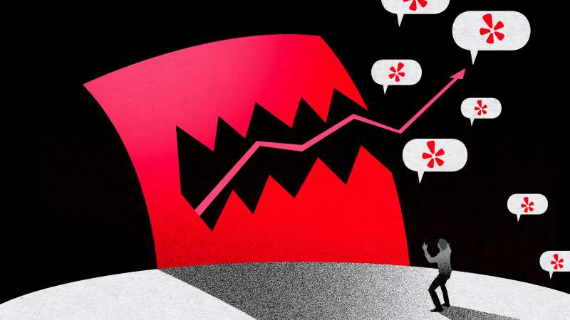 Illustration symbolizing an inflation monster spewing Yelp reviews, approaching a small person