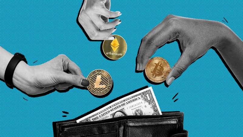 Photo Collage of three hands holding different cryptocurrency coins putting into a wallet, containing a one dollar bill