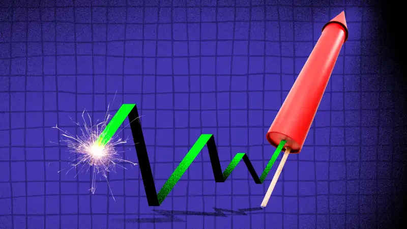 Illustration of a firework rocket with a fuse made up of a stock graph that's burning, about to blast off.