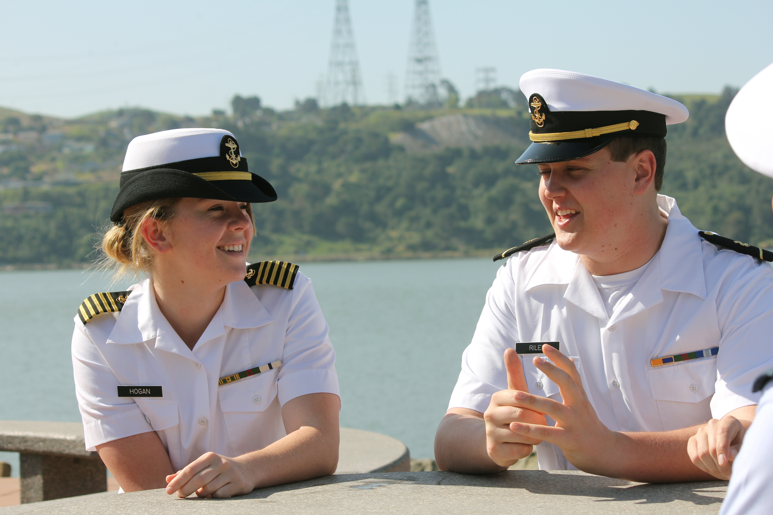 Two students in uniform at California State University Maritime Academy