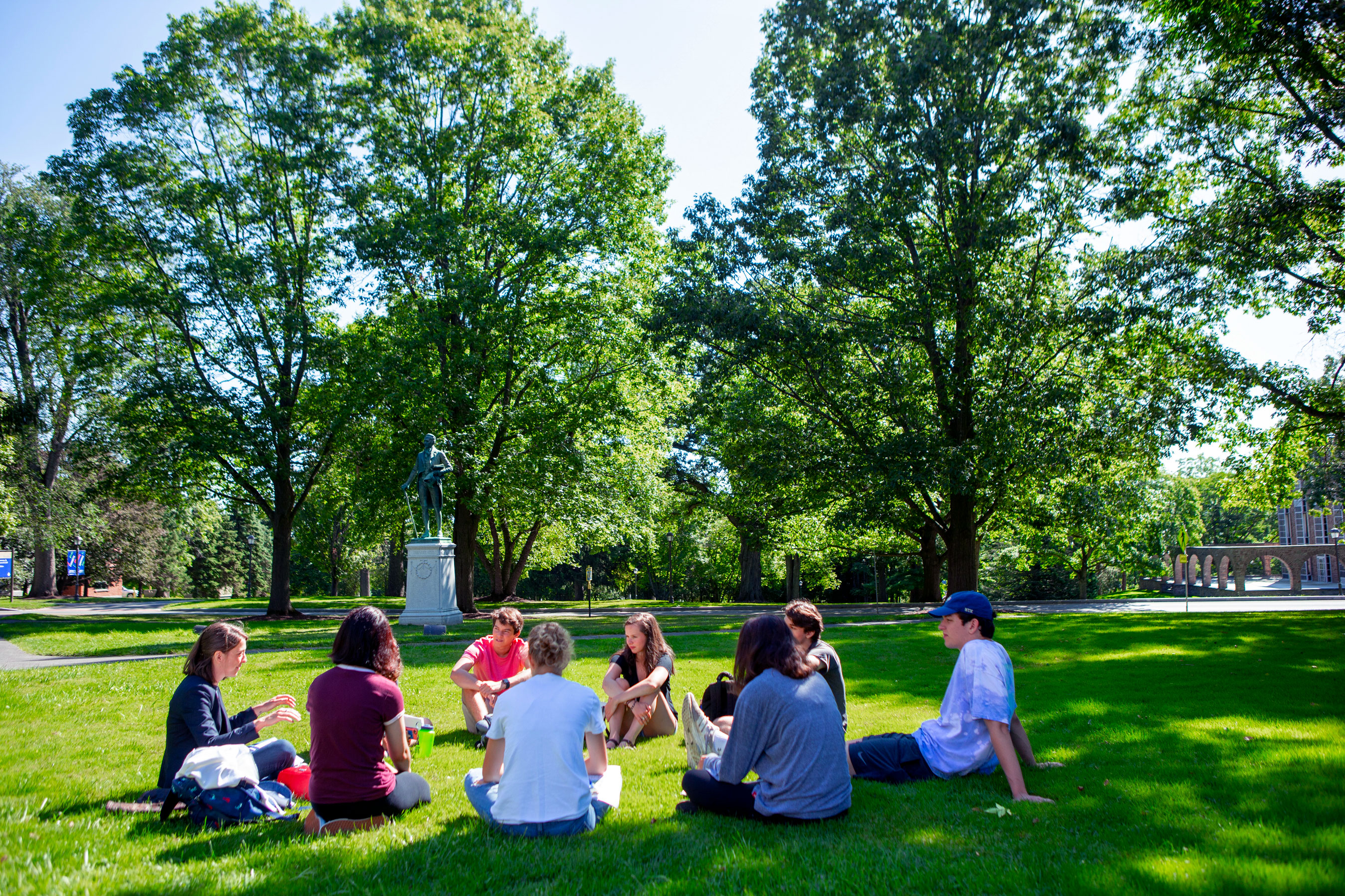 Students on the campus lawn at Hamilton College