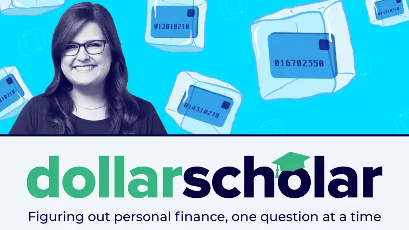 Dollar Scholar banner featuring illustrations of credit cards frozen inside ice cubes