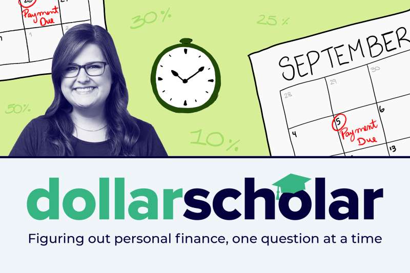 Dollar Scholar banner featuring a clock and a calendar with future dates marked with Payment Due notices