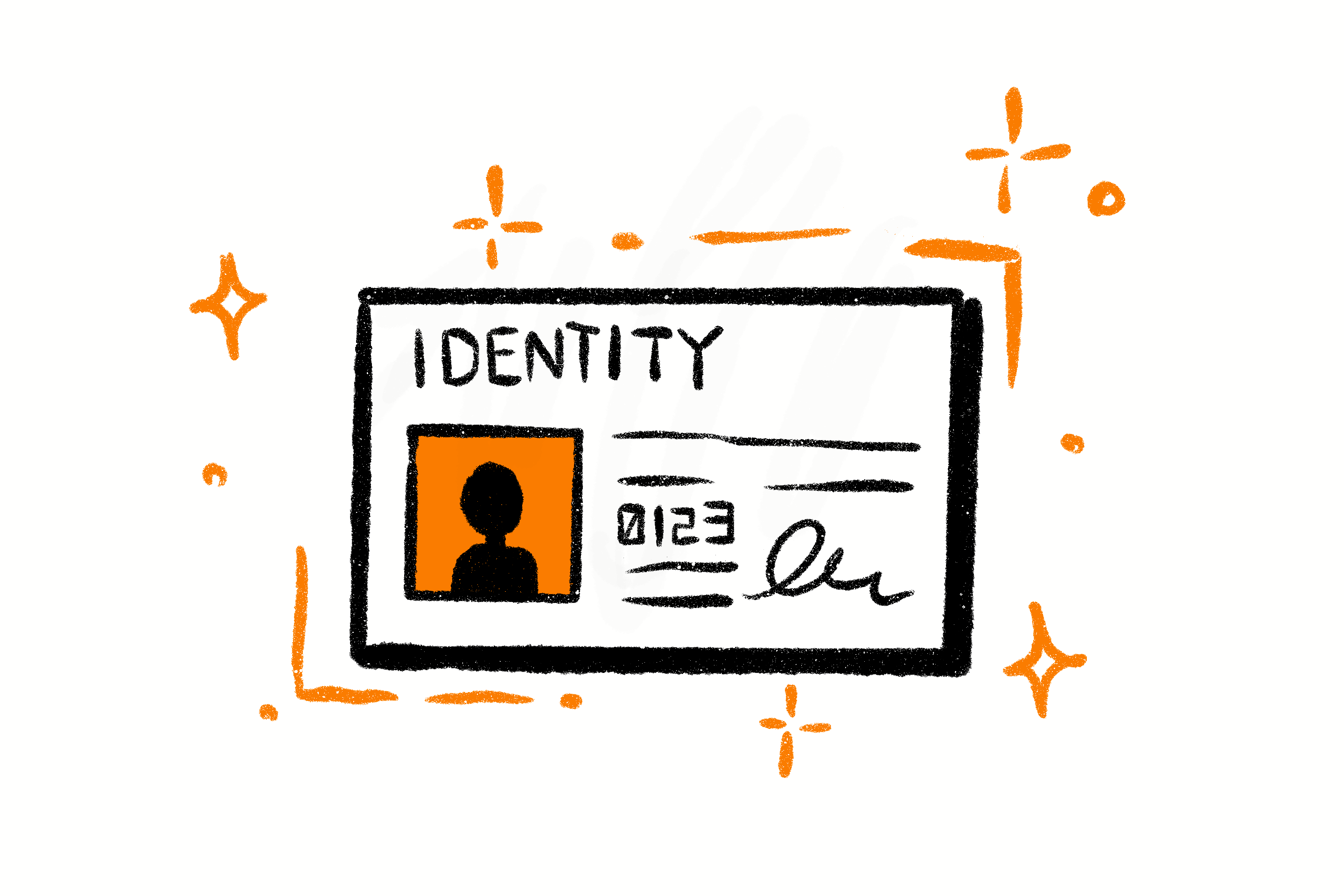 Identity card with a silhouette, the number 0123 and a signature surrounded by glints.