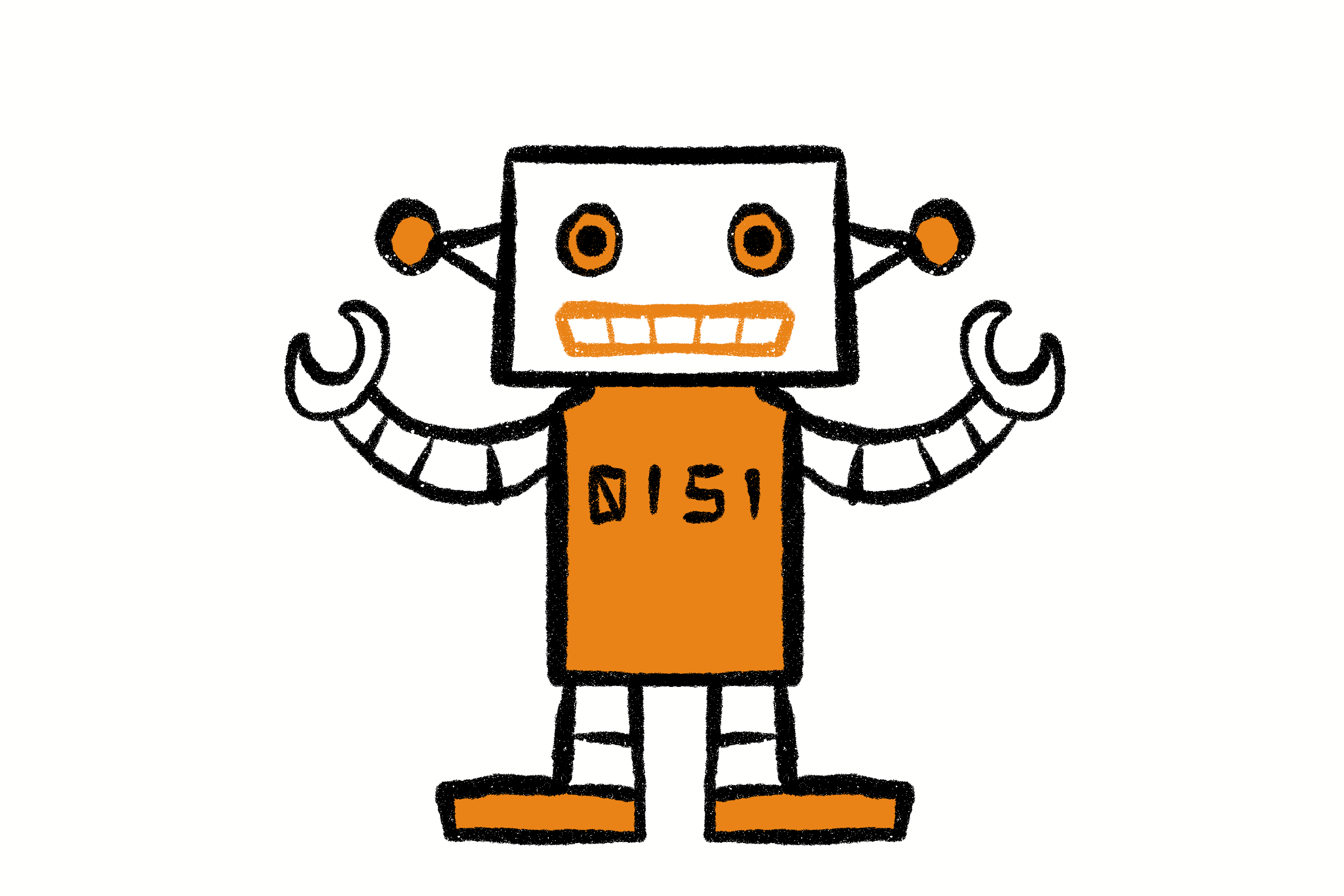 Robotic figure with rods for ears, claw hands, rectangle feet, and the numbers 0151 on its torso.