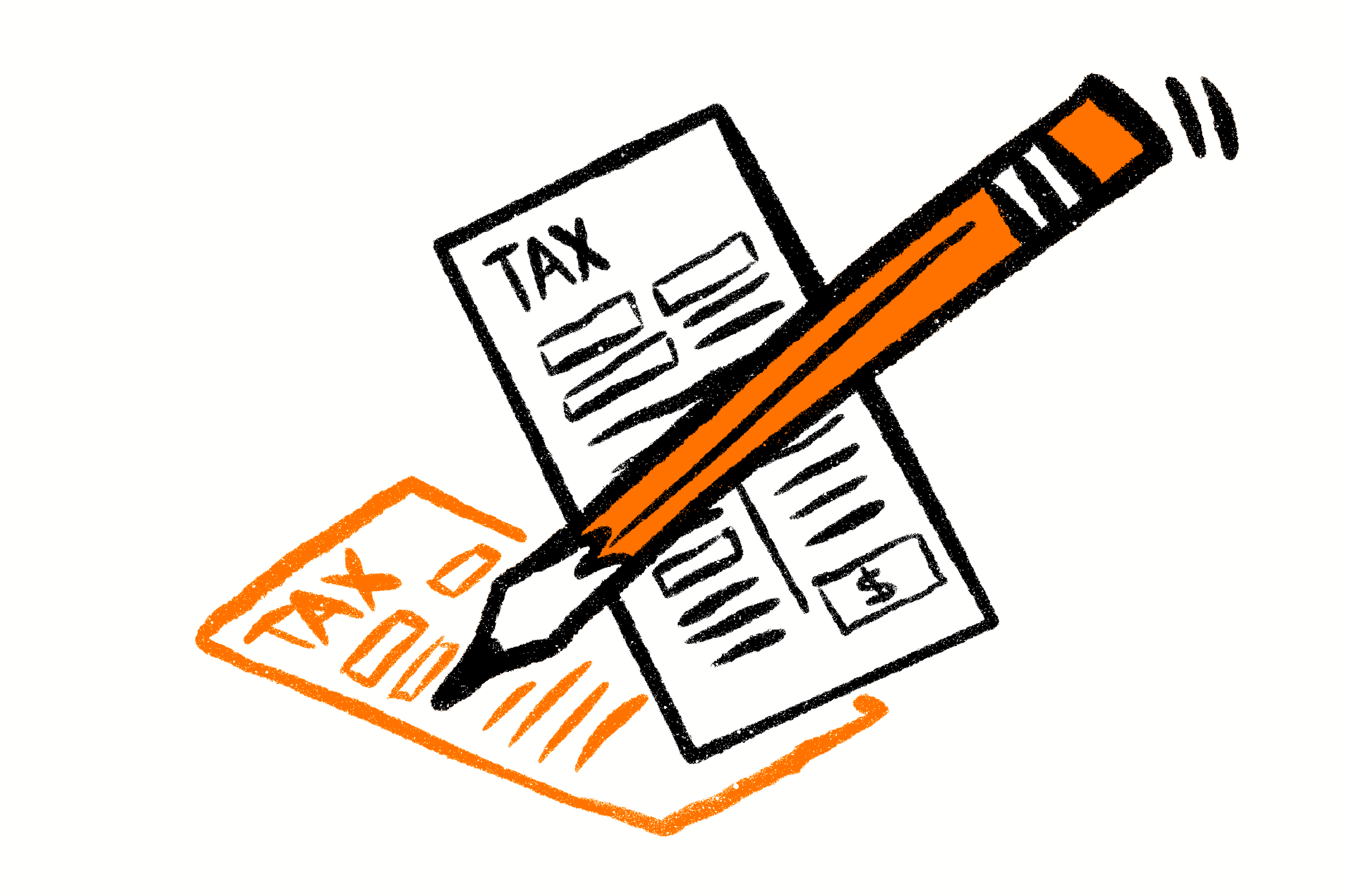 Two tax forms, one fully behind a pencil and the other being written on by it.