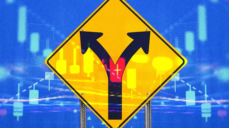 Divergent road traffic sign with and a stock market chart in the background