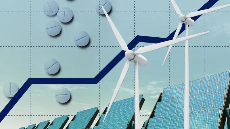 Photo collage of two windmills, solar panels and pills with an ascending stock market chart in the background