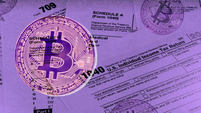 Photocollage of some IRS tax forms and crypto coins
