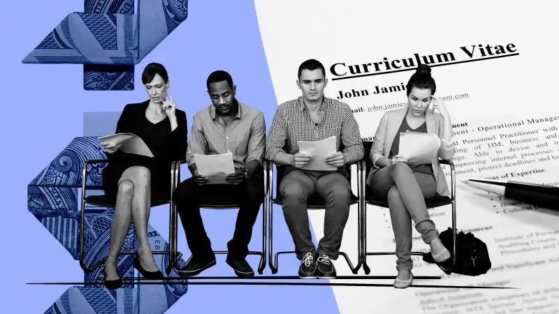 Photo Collage of four people sitting waiting for a job interview, with a resume and money in the background