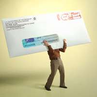 Photo collage of a person holding a giant envelope from the IRS containing a Stimulus Check