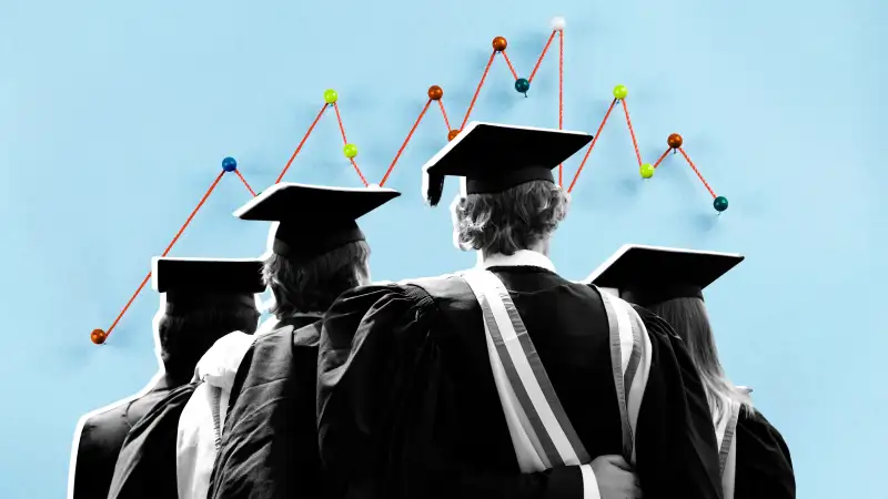 Photo Collage of graduate students and a stock market chart in the background