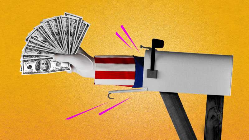 Photo illustration of Uncle Sam's hand delivering money though the mailbox