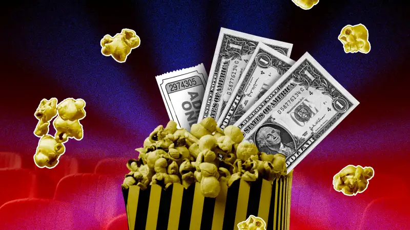 Photo collage illustration of a movie theater, popcorn and 3 dollar bills