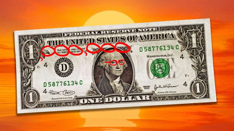 Photo Collage of a one dollar bill with six zeros drawn on top of it and a picture of a sunset in the background