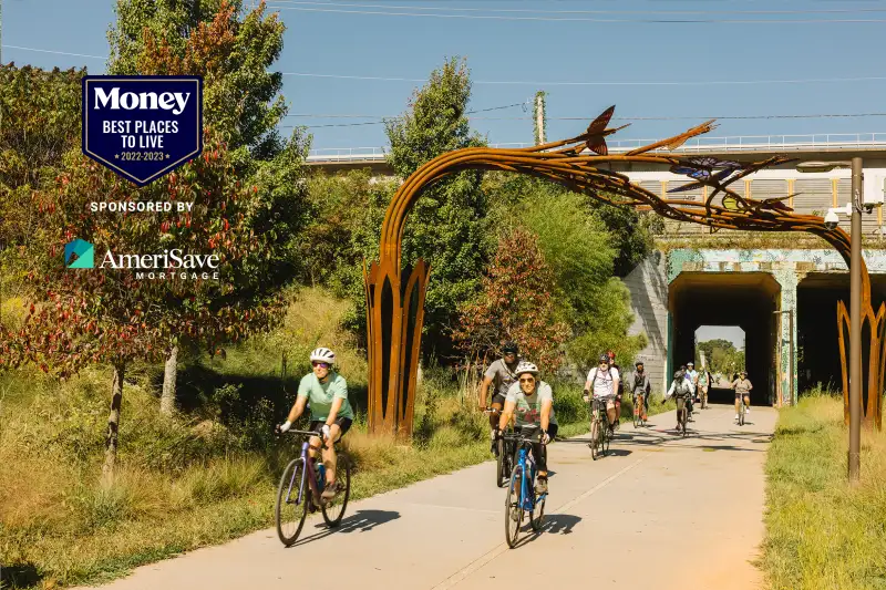 A group of people biking in Atlanta BeltLine Westside Trail.