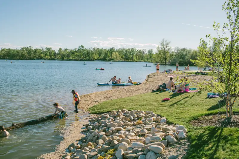 Crowd of people bathing in a river in Boise Idaho