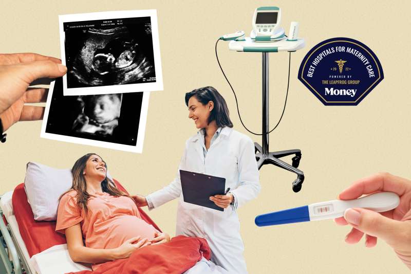 Photo collage of a pregnant woman in a hospital with her doctor, an ultra sound machine, a hand holding a positive pregnancy test and 4D ultrasound photos of a fetus