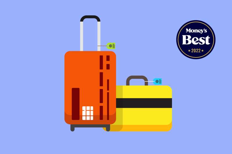 Illustration of two suitcases made from credit cards with a Money Best 2022 badge