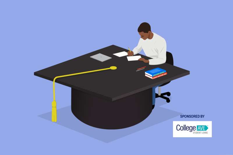 Illustration of a young man writing a college admissions essay on a graduation cap desk