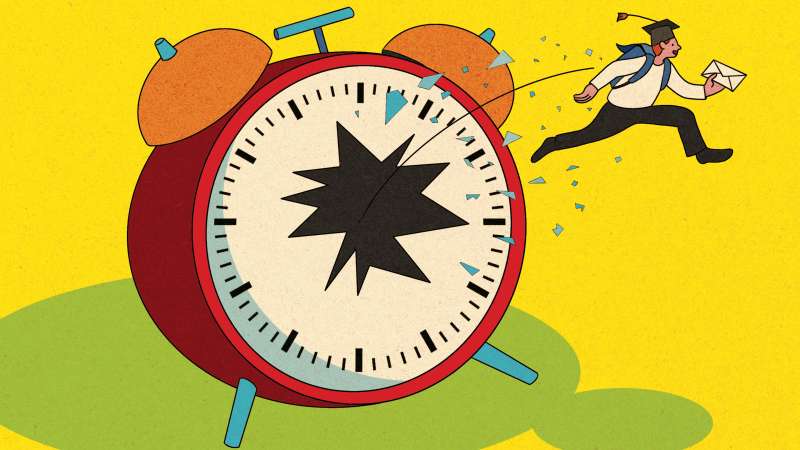 A student is bursting out of a clock with an application in hand