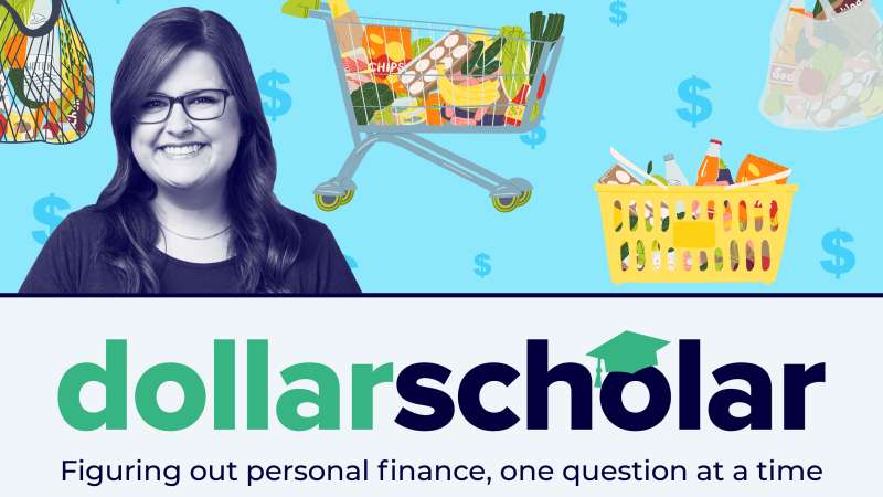 Dollar Scholar banner featuring shopping cart, a basket and bags of groceries