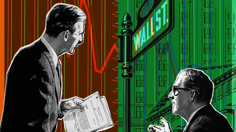 Photo collage illustration of two men looking over stock charts and a wall street sign in the background