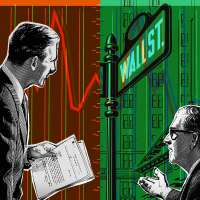 Photo collage illustration of two men looking over stock charts and a wall street sign in the background