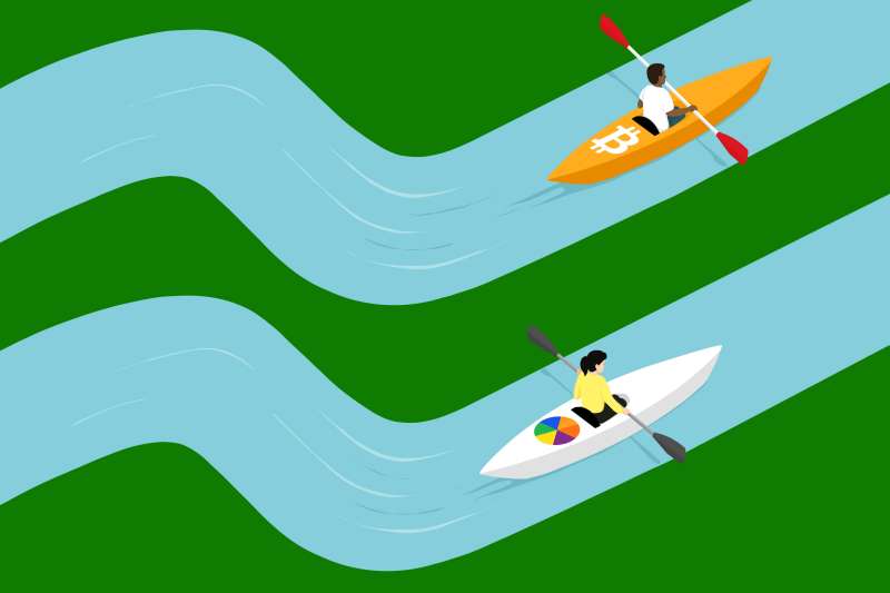 Illustration of two canoes going in the same path. One canoe has a bitcoin and the other a stock chart