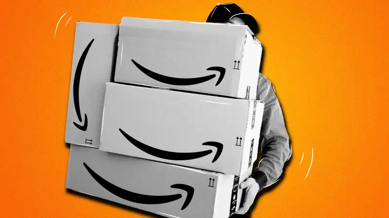 Man holding multiple Amazon Delivery boxes with a colored background