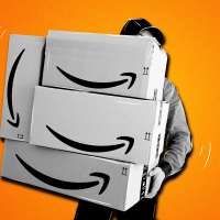 Man holding multiple Amazon Delivery boxes with a colored background