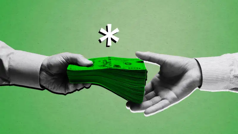 Photo collage of a hand handling out a stack of cash, but there is an asterisk indicating that certain terms and conditions will apply