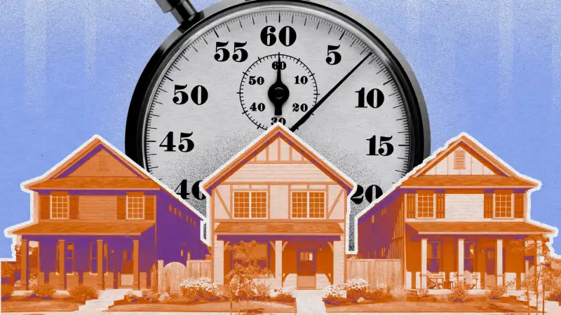 Illustration of a row of houses with a giant stopwatch looming over