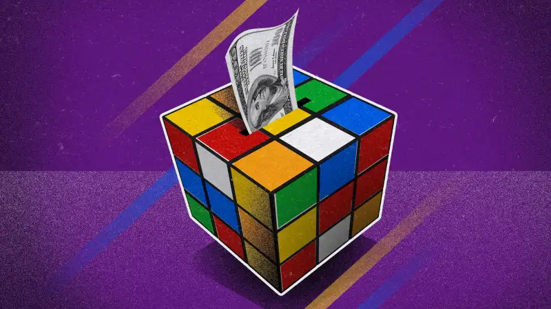 Illustration of a retro 80's rubiks cube piggie bank with money savings inside representing Gen X saving habits