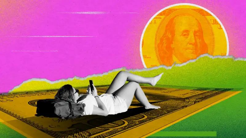 Illustration of a teenager lounging on top of a dollar bill watching the money sunset