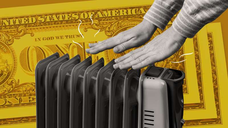 Photo collage of hands over a space heater with one dollar bills in the background
