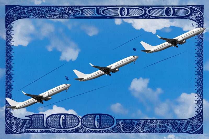 Photo Collage of three ascending airplanes in the sky with a hundred dollar bill frame in the background