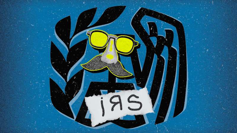 Illustration depicting a fake IRS logo wearing an impostor disguise