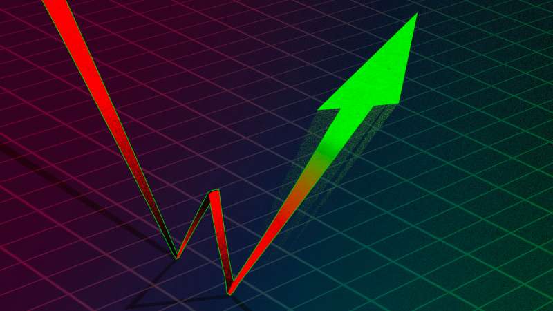 Illustration of a stock market graph arrow bouncing upwards after a steep fall
