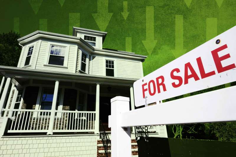 For Sale Sign In Front Of Home With Downward Facing Arrows In The Sky Behind It