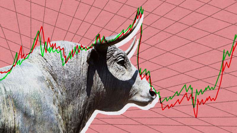 Photo collage illustration of a bull statue and stock market graphs that imitate the bull's shape